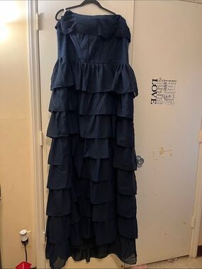Navy Strapless Tiered Ruffle Evening Gown